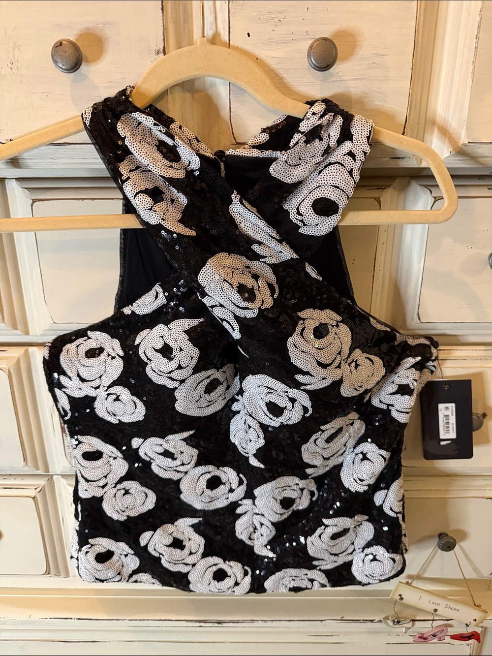 Black and White Floral Sequin Racerback Top
